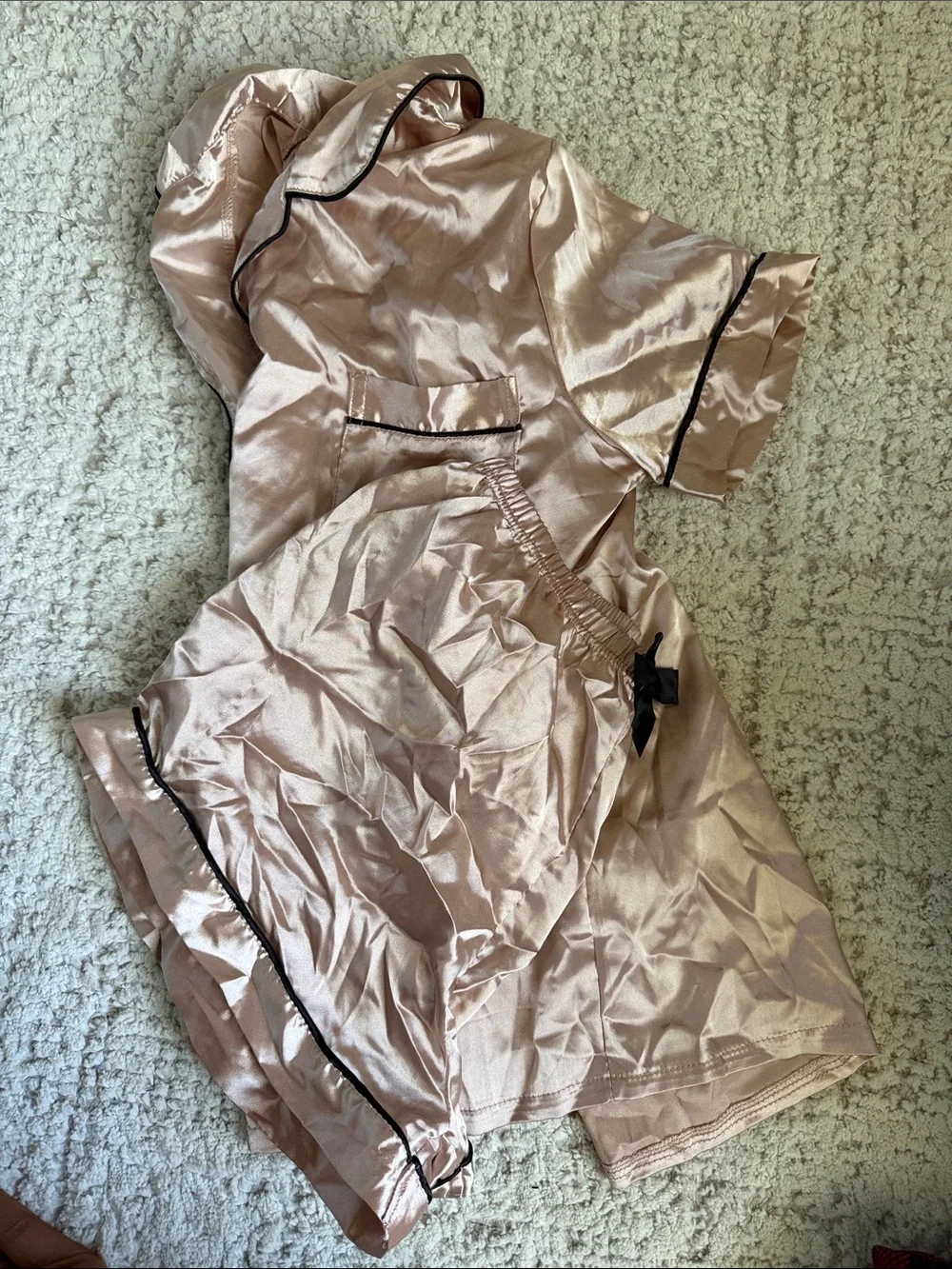 Satin Two-Piece Pajama Set in Blush with Black Trim
